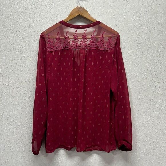 Bila Burgundy Chiffon Beaded Semi Sheer V-Neck Peasant Top Women's Size XXL - Picture 9 of 16